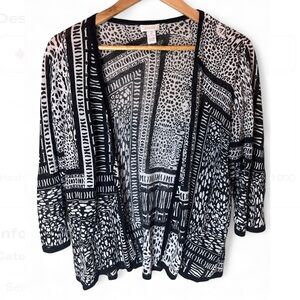 Chicos Black & White Geometric Pattern Open Front Lightweight Cardigan Sz 2 (L)